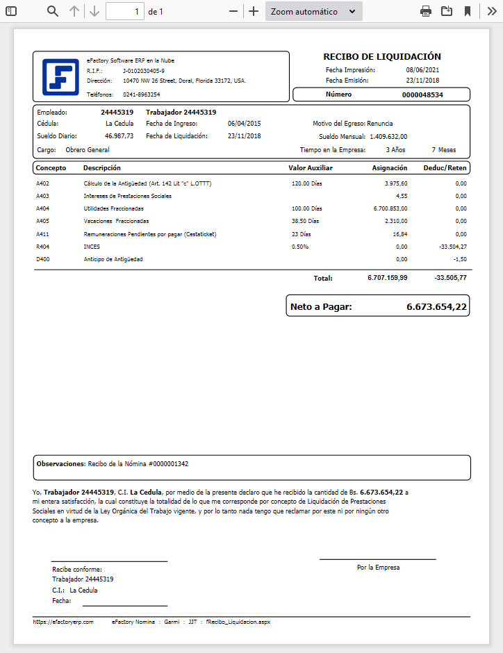 Formato de Recibo de Liquidación