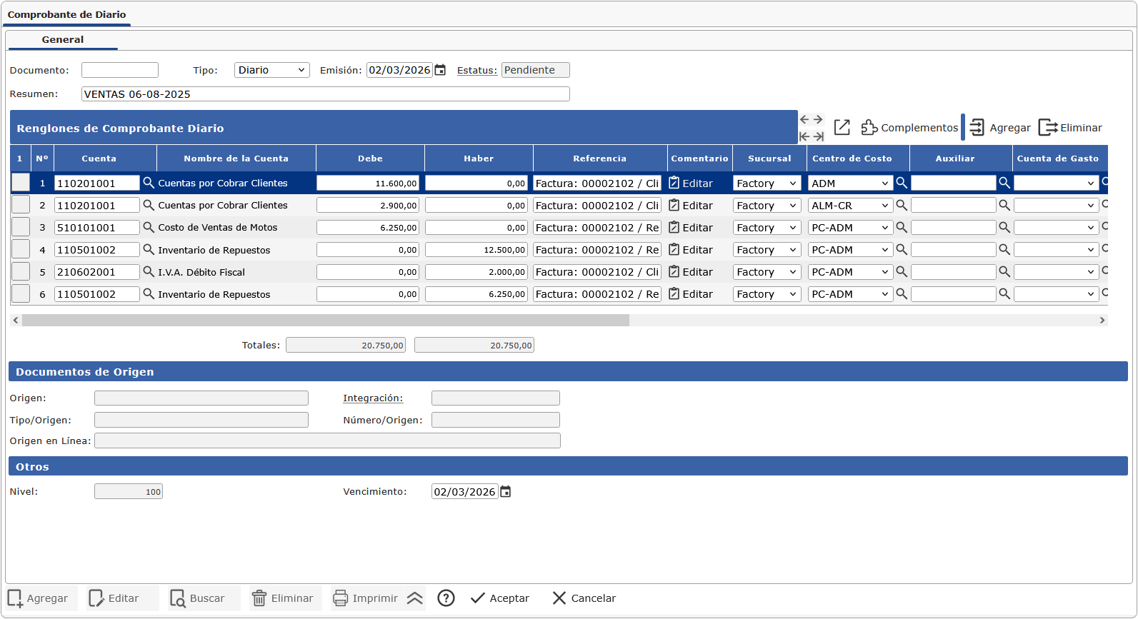 Pantalla de Comprobantes de Diario