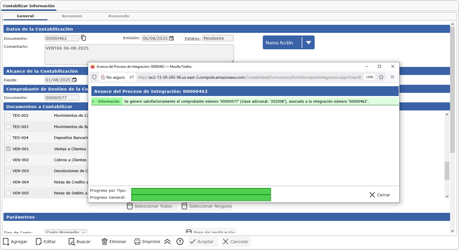 Pantalla de Contabilizar Información