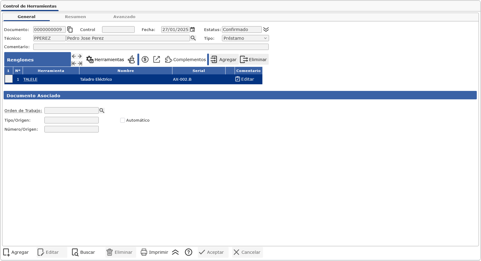 Pantalla de Control de Herramientas