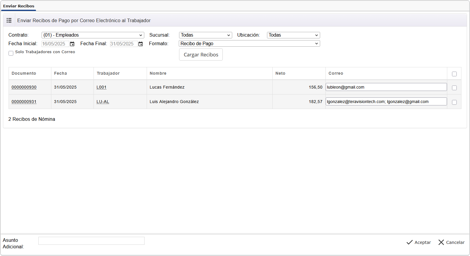 Pantalla de Envío de Recibos por Correo