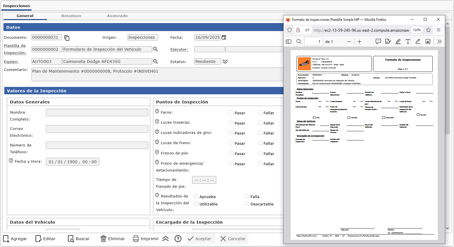 Pantalla de Inspecciones