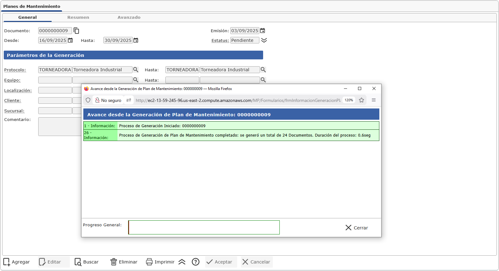 Pantalla de Planes de Mantenimiento