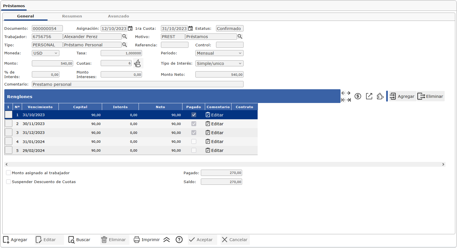Pantalla de Préstamos