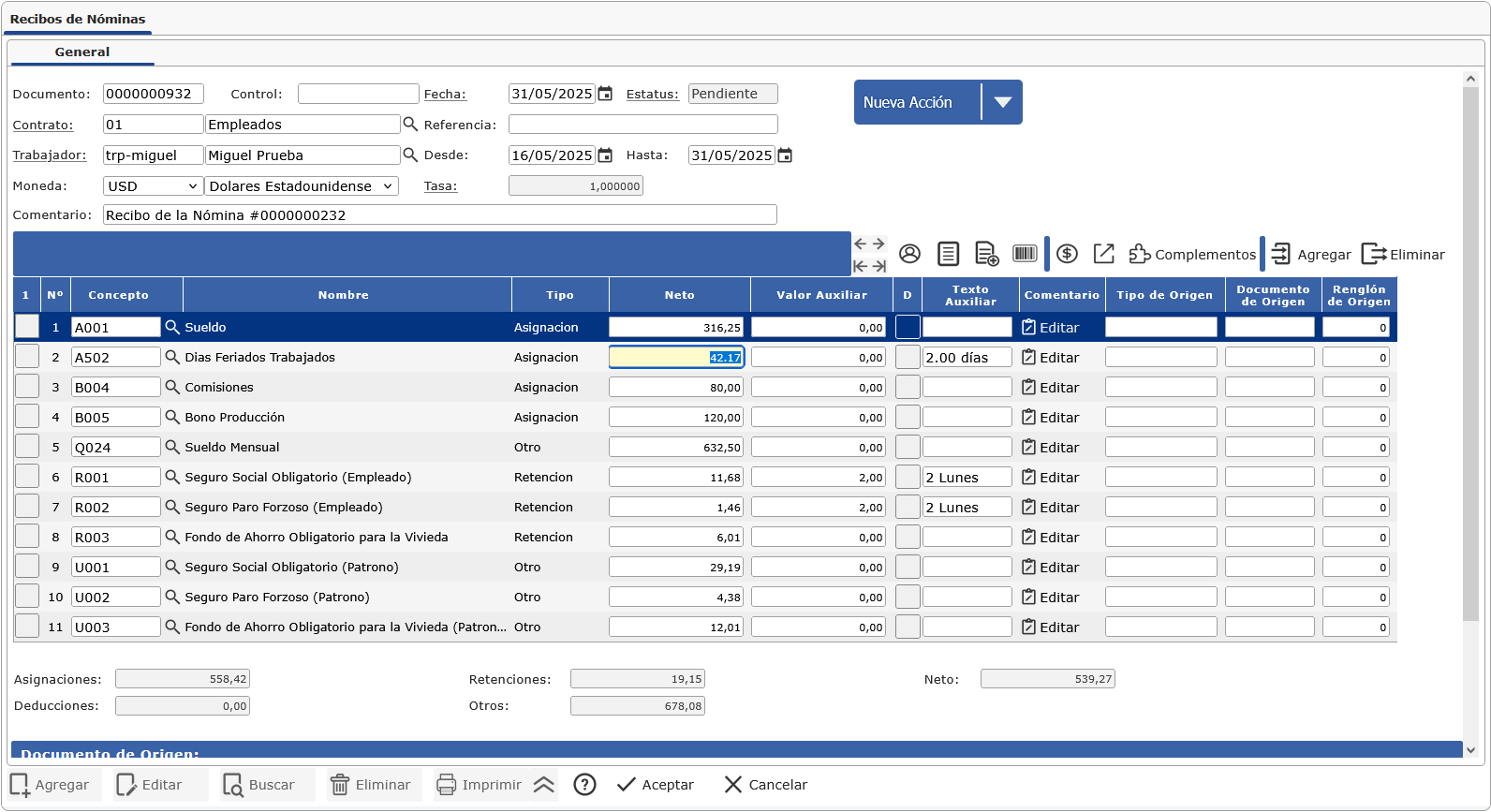 Pantalla de Recibos de Nómina