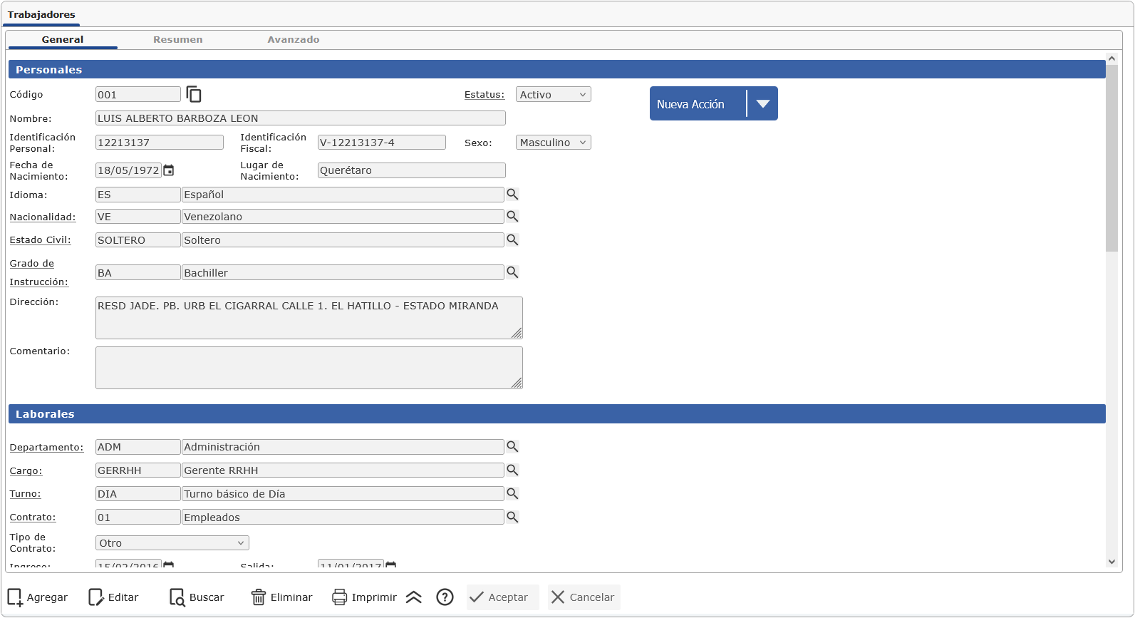 Pantalla de Trabajadores