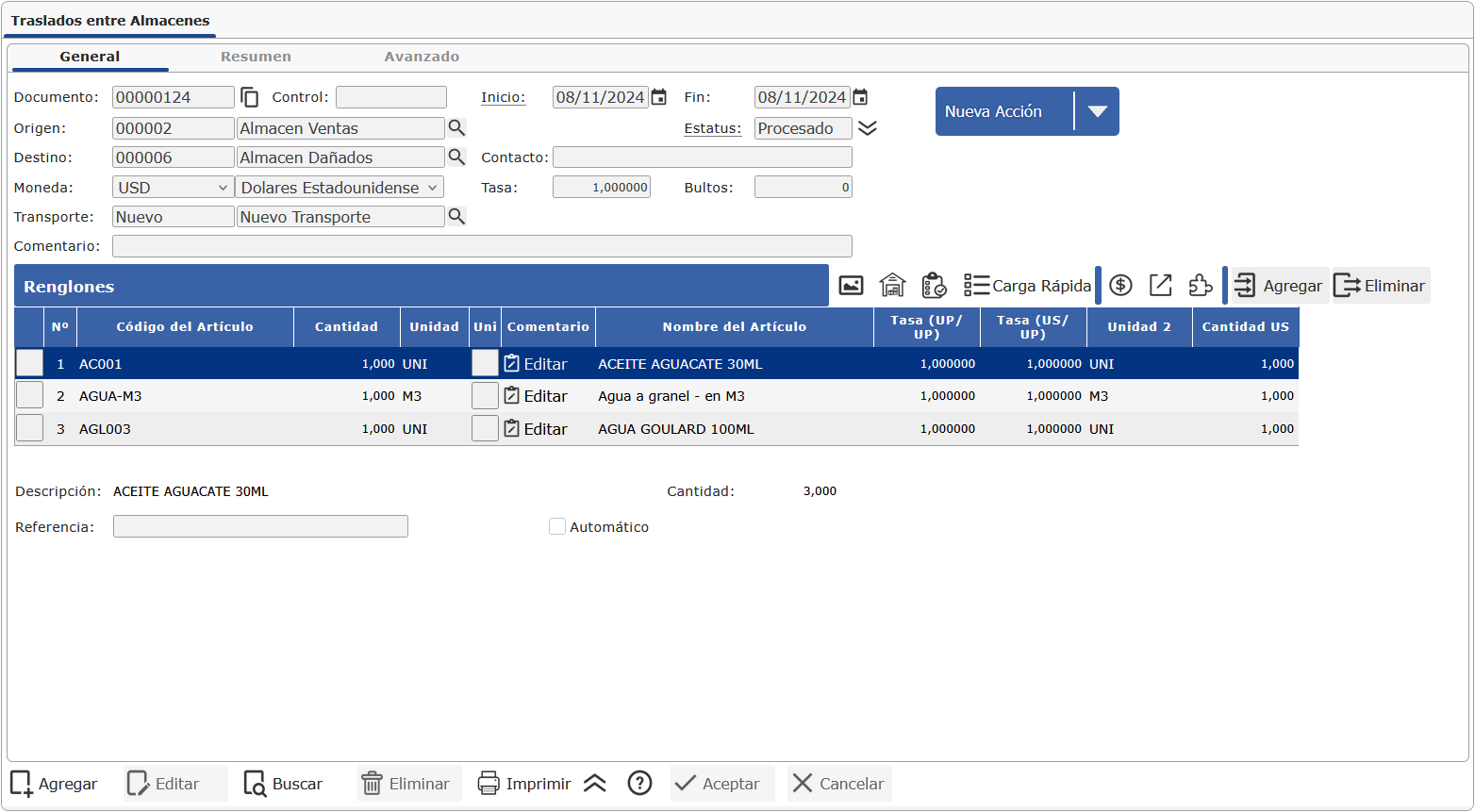 Pantalla de Traslados entre Almacenes