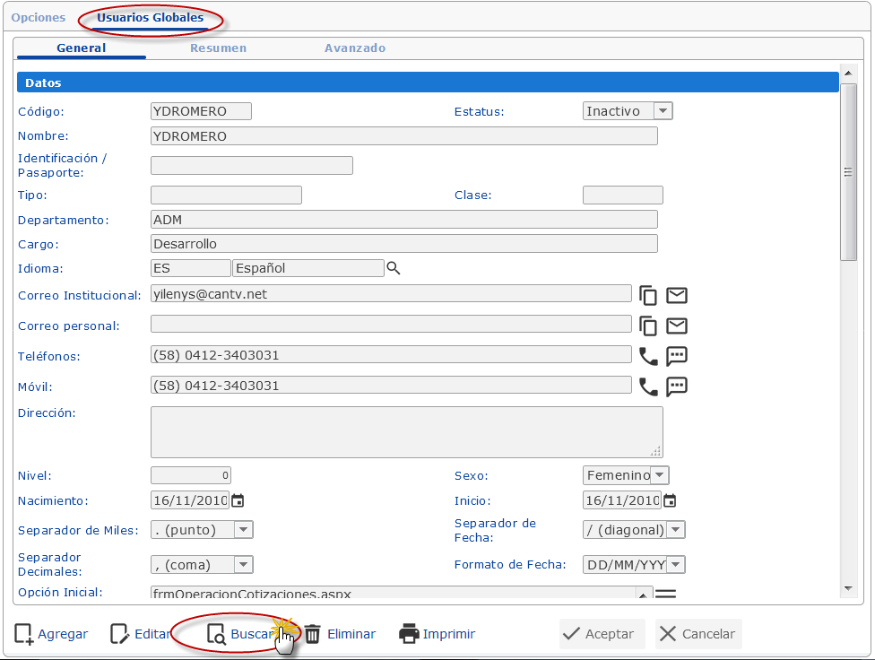 Configuración de correo por usuario