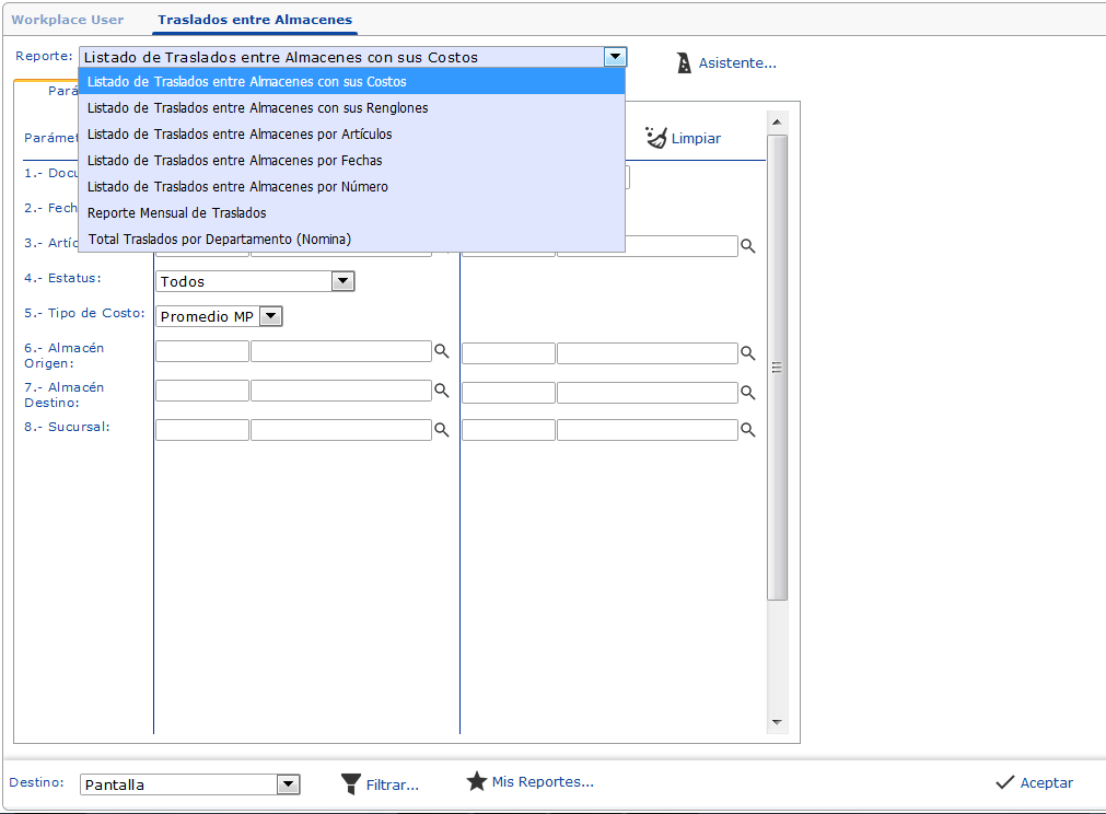 Pantalla reportes: Traslados entre almacenes