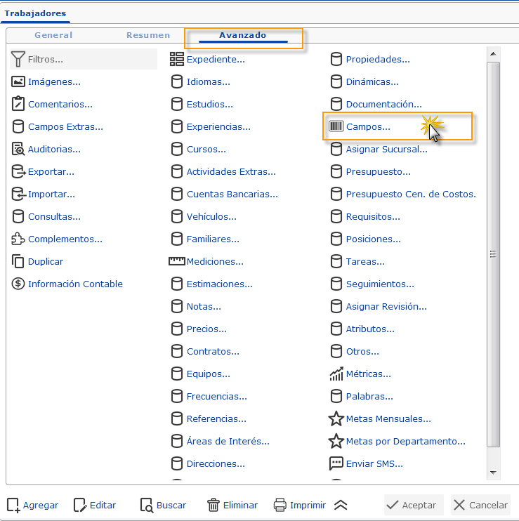 Pestaña 'Avanzado' del formulario de Trabajadores