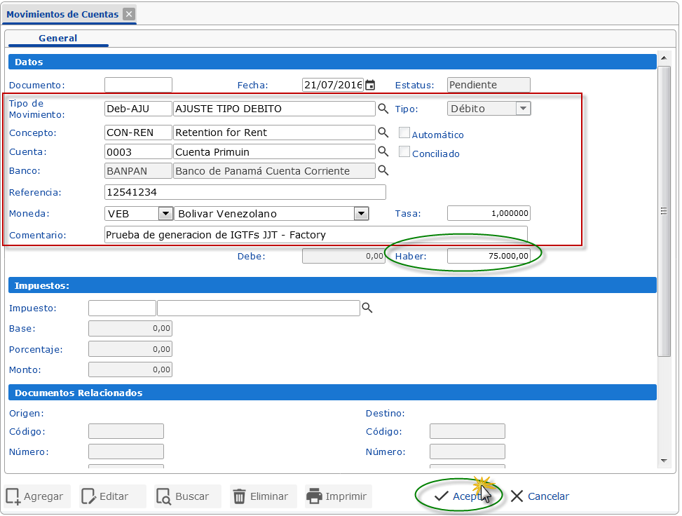 Formulario de Movimientos de Cuentas, Registro para Débito en Cuenta