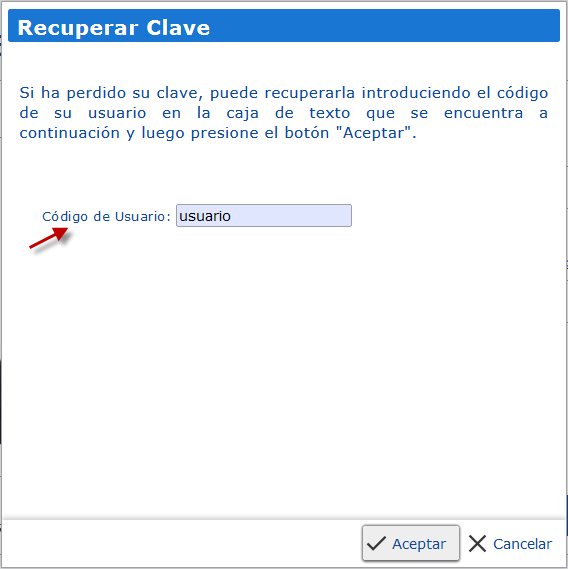 Ingresa tu código de usuario y presiona aceptar