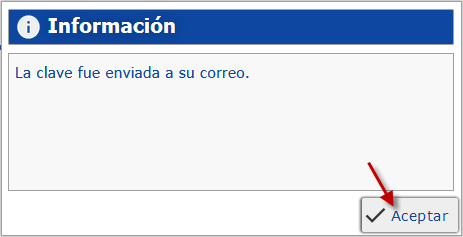 Mensaje indicando que la nueva clave fue enviada al correo del usuario