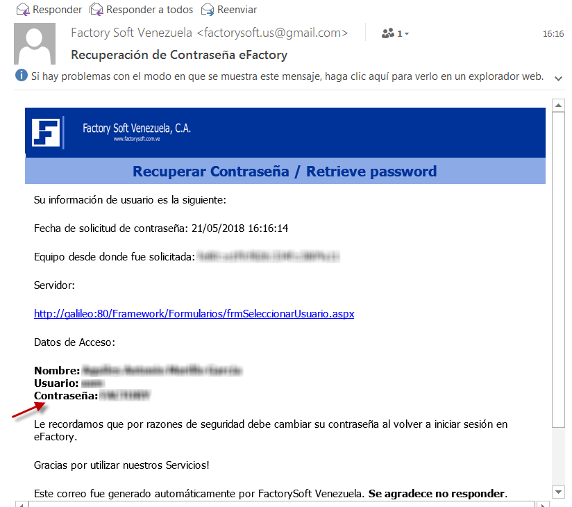 Correo con los nuevos datos enviado por Factory Soft