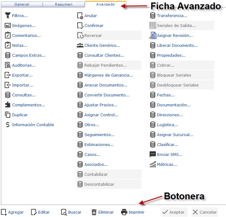 Ubivación de la Botonera y la Ficha Avanzado