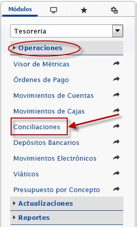 Pasos para llegar a la pantalla 'Conciliaciones'