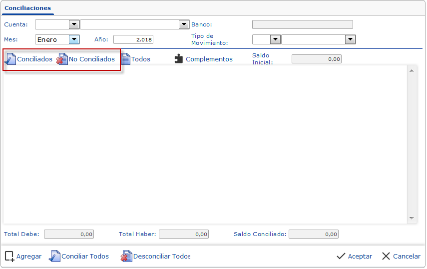 Pantalla 'Conciliaciones'