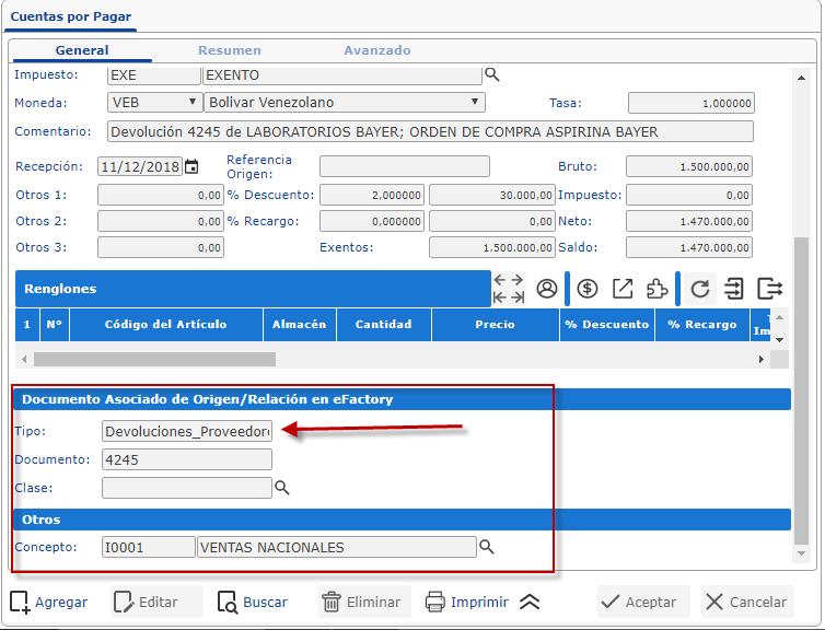 Nota de crédito asociada a la devolución al proveedor