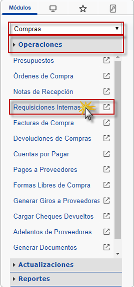 Seleccionando el modulo compras, Requisiciones Internas