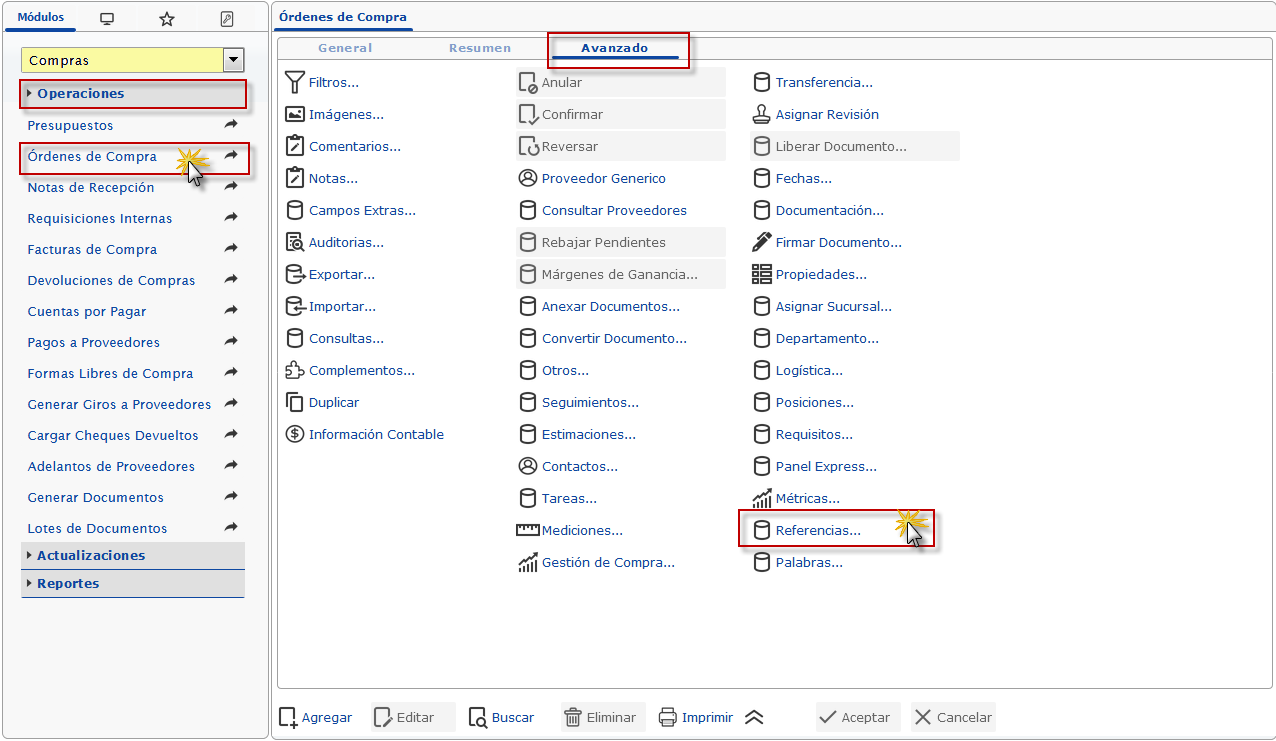 Ubicación del botón Referencias, en Órdenes de compra