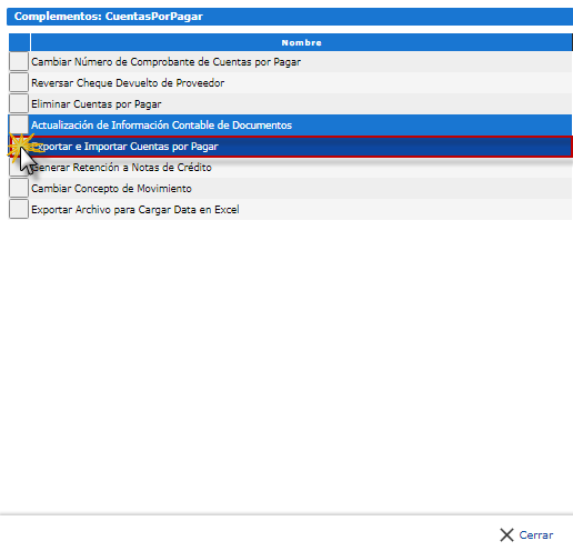 Seleccionar Exportar e Importar Cuentas por Pagar