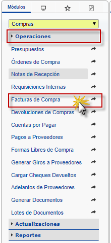 Seleccionando el modulo compras, Facturas de Compra