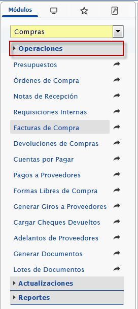 Opciones de la sección Operaciones