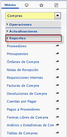 Opciones de la sección Reportes