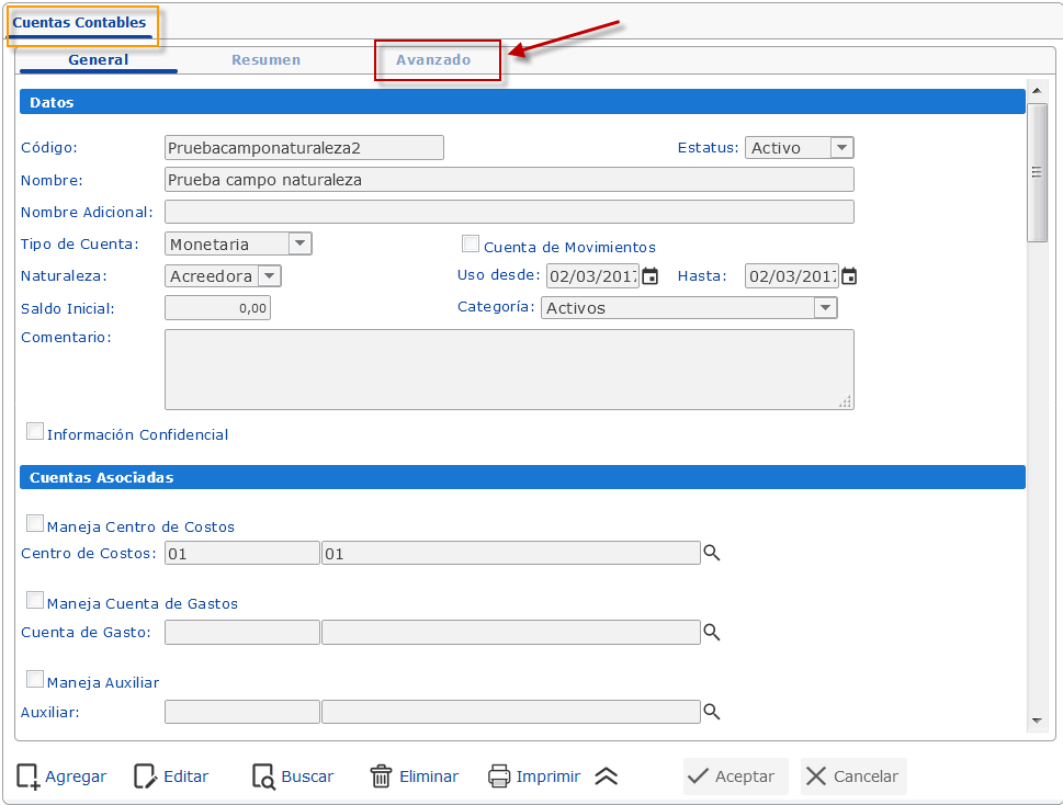 Ingresando a Avanzado de Cuentas Contables