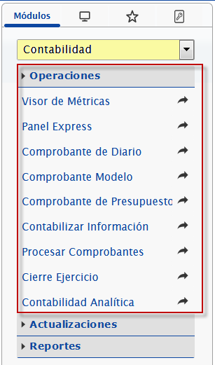 Opciones de la sección Operaciones