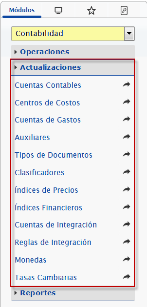 Opciones de la sección Actualizaciones