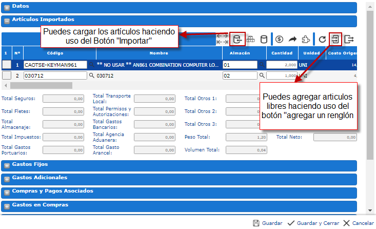 Sección 'Artículos importados'