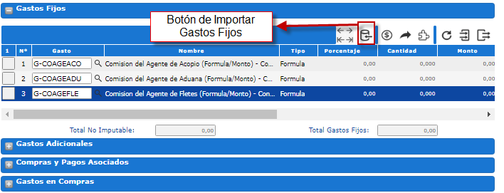 Sección 'Gastos fijos de importación'