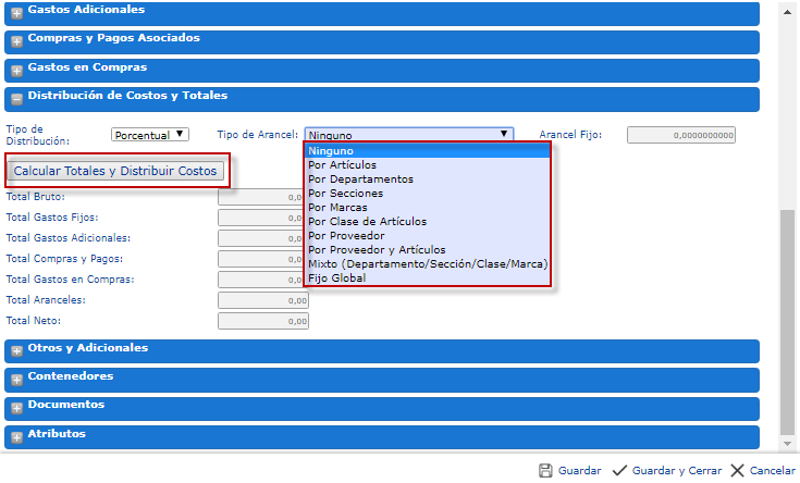 Distribución de costos y totales