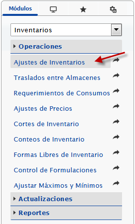 Opción Ajuste de Inventarios