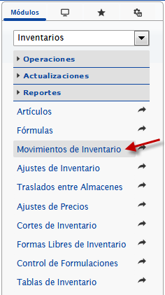 Seleccionamos Movimientos de Inventario