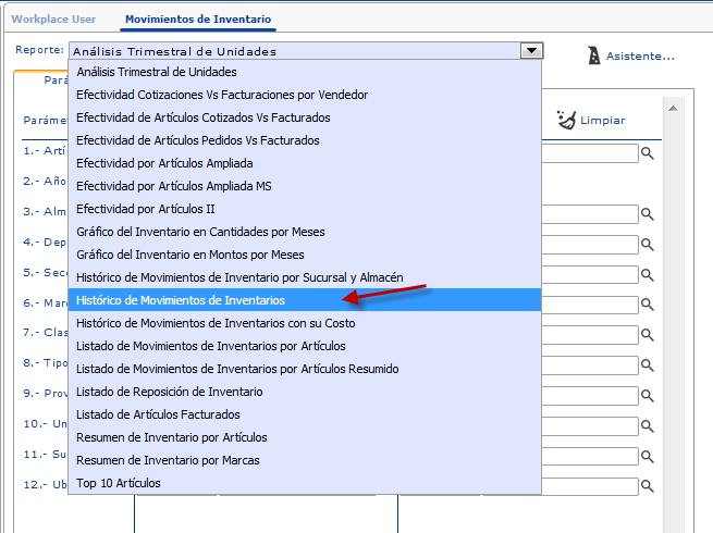 Seleccionamos Histórico de Movimientos de Inventario