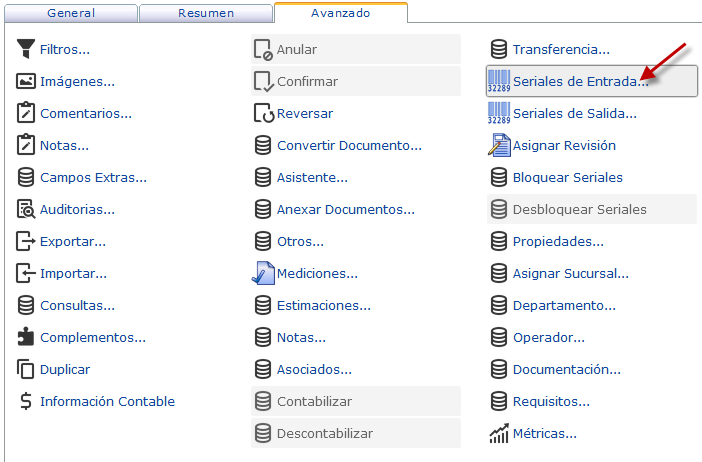 Opción Seriales de entrada