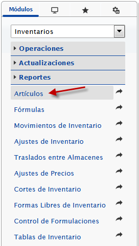 Seleccionando Módulo de Inventarios, Articulos