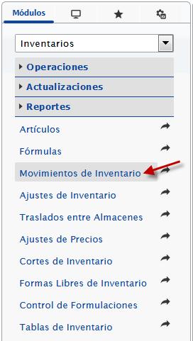 Seleccionando Módulo de Inventarios, Movimientos de Inventarios