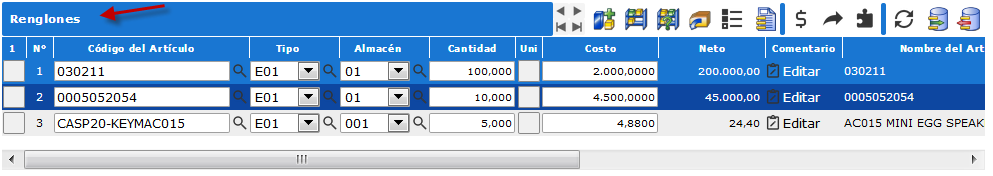 Sección Renglones