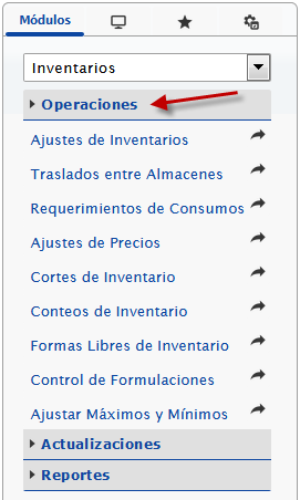 Opciones de la sección Operaciones