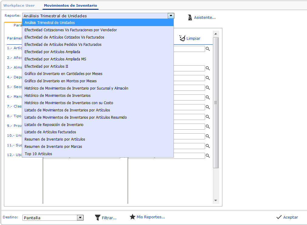Pantalla reportes: Movimientos de inventarios
