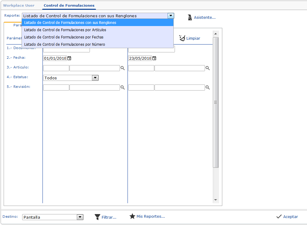 Pantalla reportes: Control de formulaciones