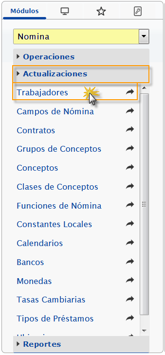 Seleccionando el modulo Nómina, Trabajadores