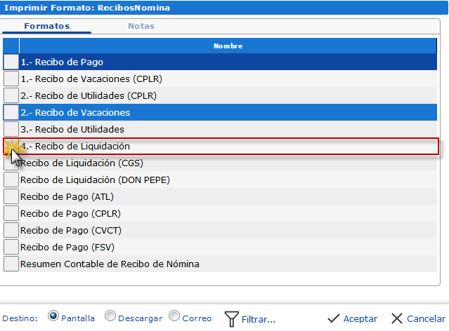 Formato de impresión del recibo de nómina