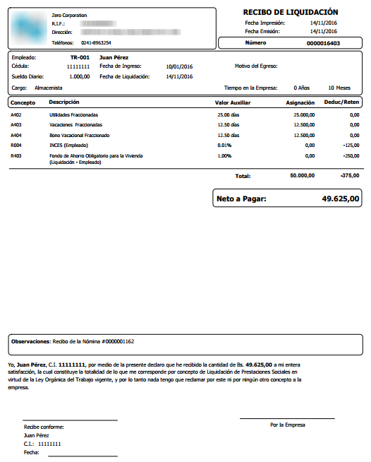 Recibo de liquidación en formato pdf