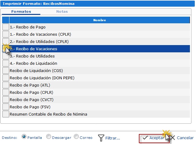 Formato de impresión del recibo de nómina