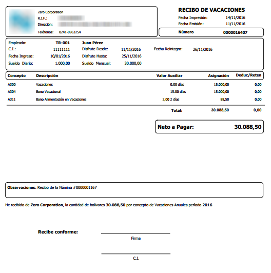 Recibo de Vacaciones en formato pdf