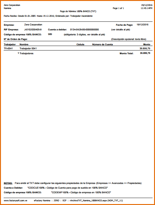 Reporte: Pago de Nómina 100% BANCO (TXT)